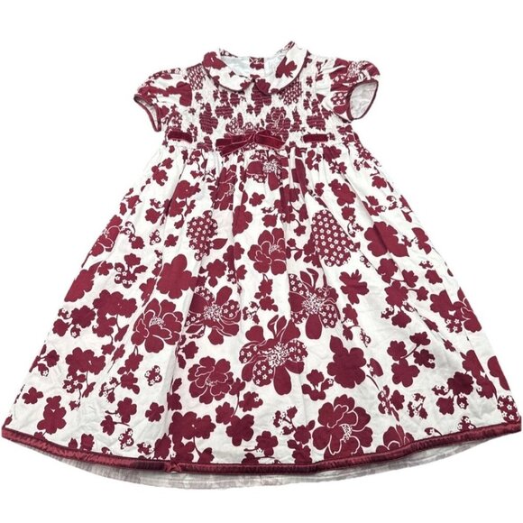 Trish Scully Child Burgundy Floral Velvet Bow/Trim Smocked Lined Dress Sz 5 - Picture 1 of 10